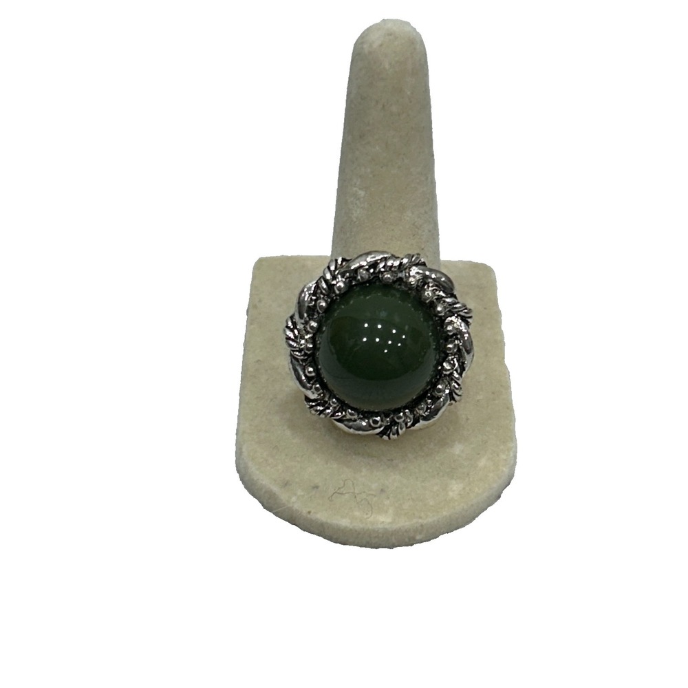 Silver Tone Green Jade?‎ Cabochon Statement Ring Sz 8 Scroll Halo Bali Style